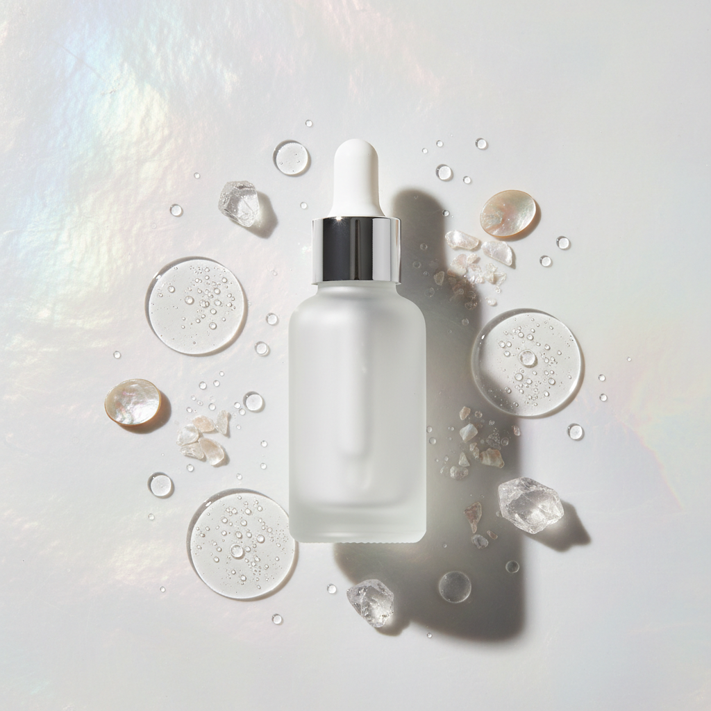 Flat lay of glass skin serum with pearl extract and crystals on iridescent background