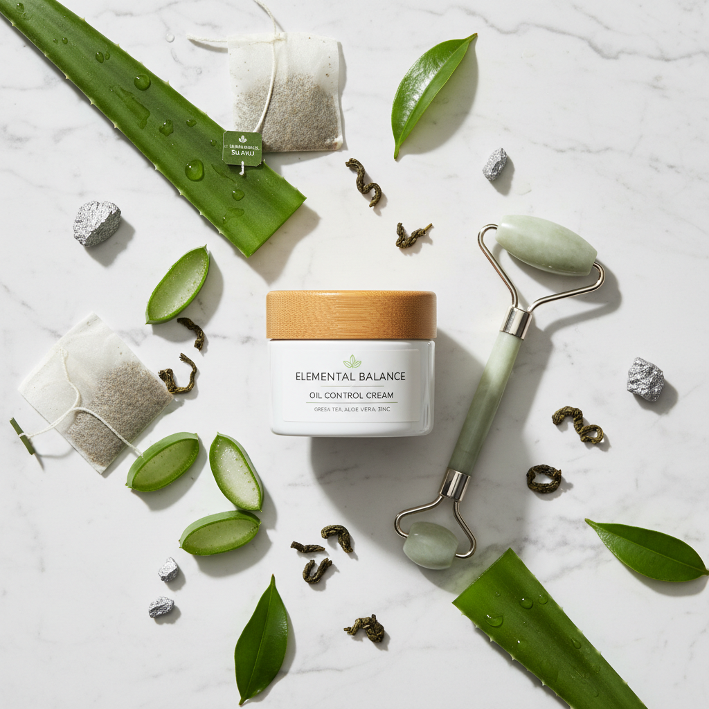 Flat lay of oil control cream with aloe vera and jade roller on marble