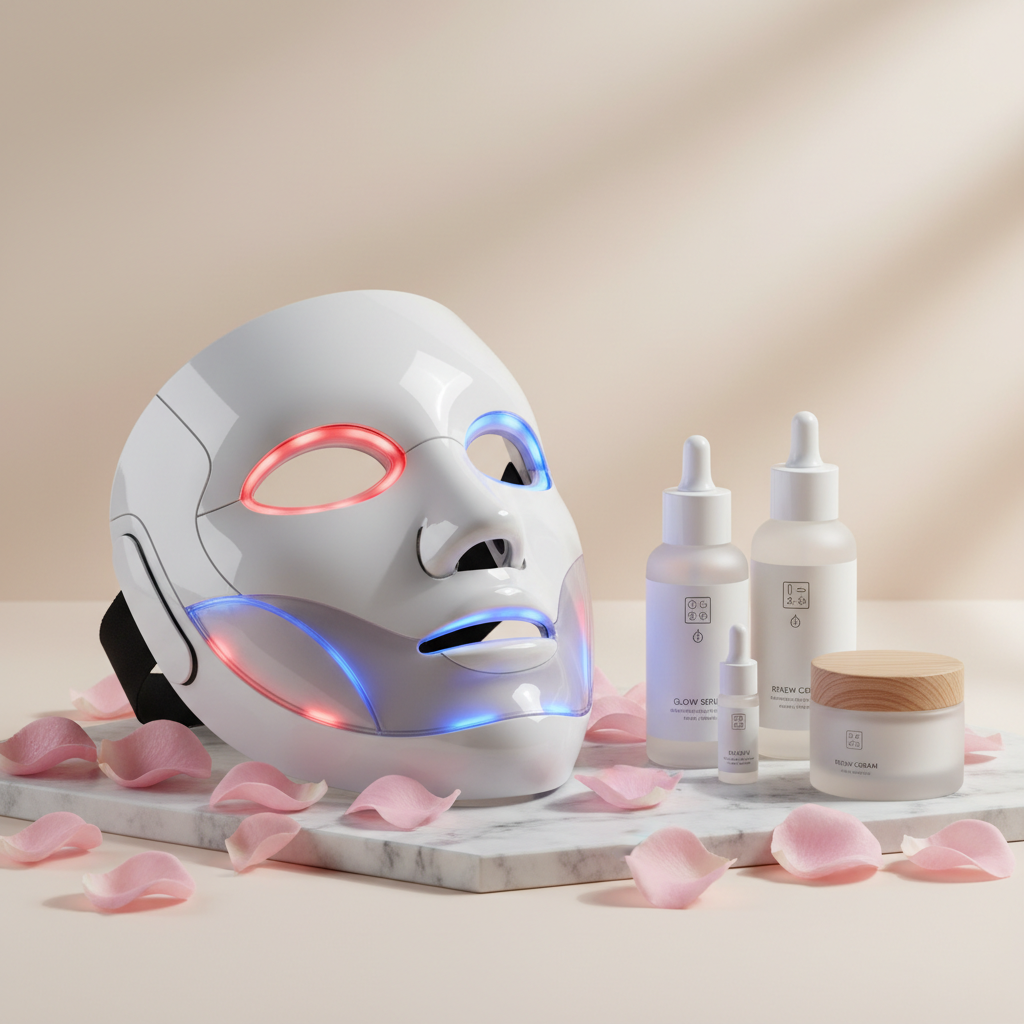 LED Face Mask glowing with red and blue lights on marble surface with rose petals