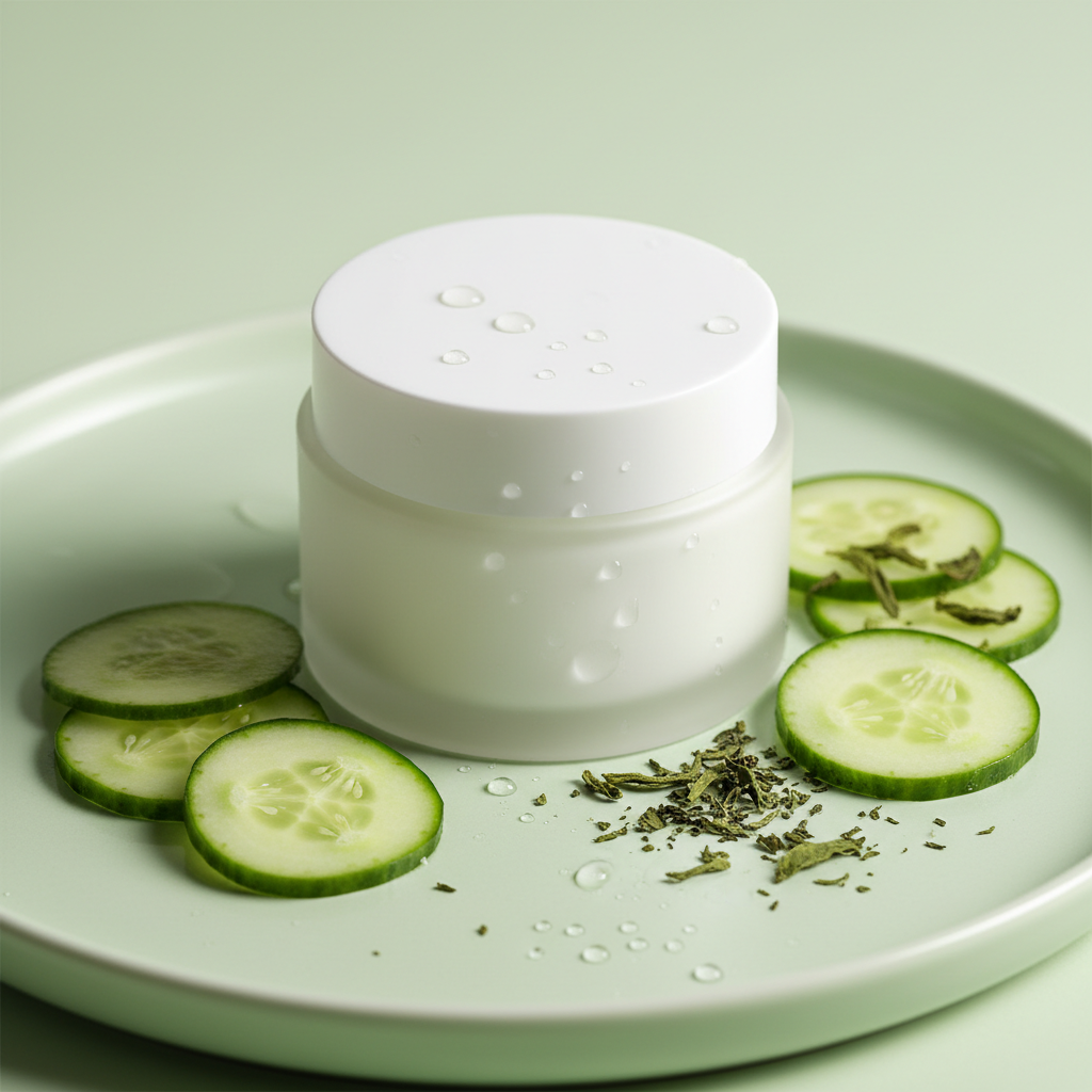 Oil control cream jar with cucumber and green tea on light green surface
