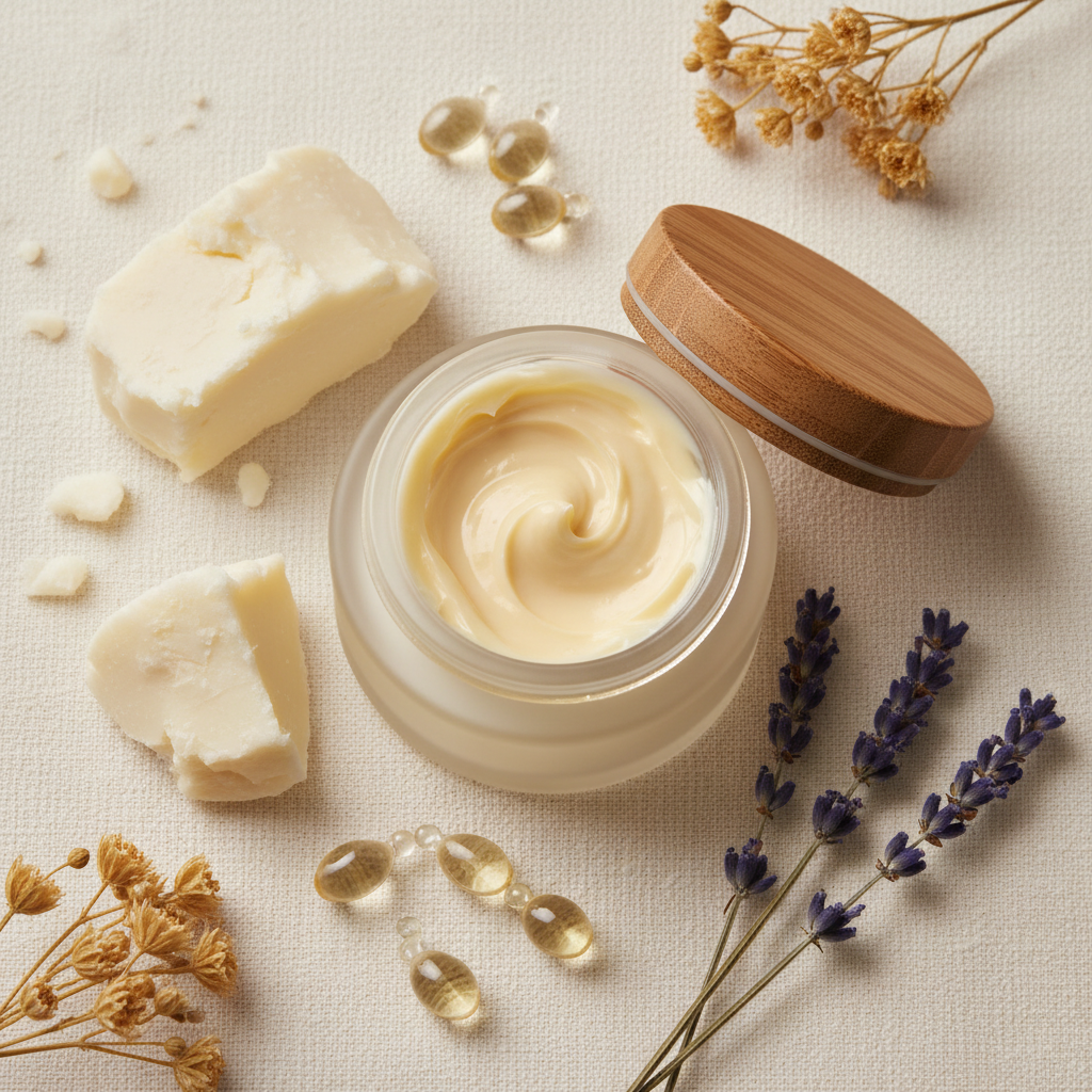 Flat lay of rich nourishing cream with shea butter, lavender and botanicals