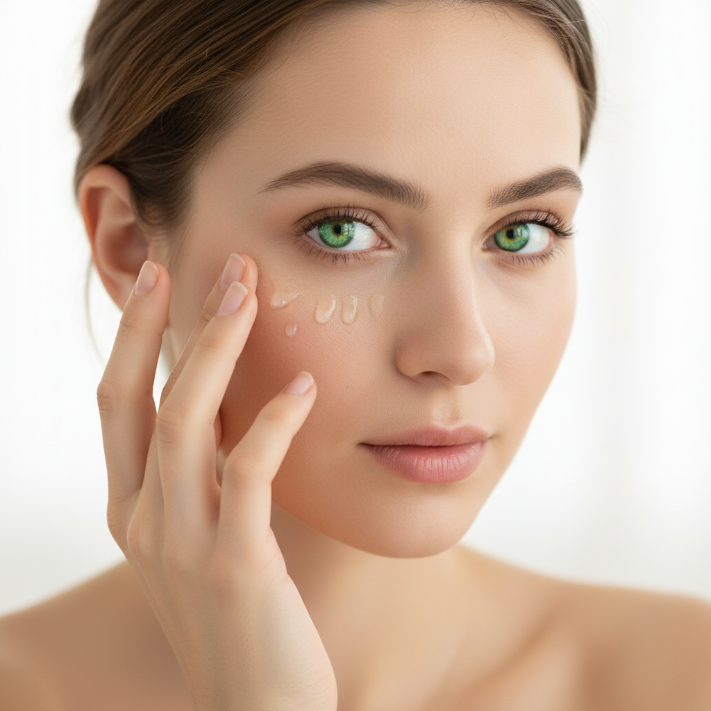 Woman applying eye serum with bright glowing eyes