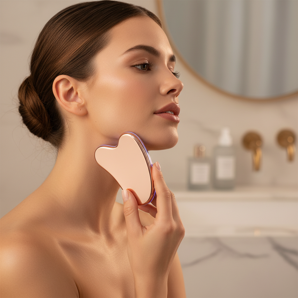 Woman using electric gua sha microcurrent device on jawline with glowing sculpted skin