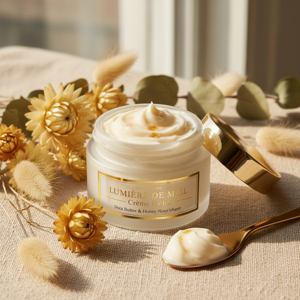 Rich face cream jar with shea butter and dried flowers on warm beige surface