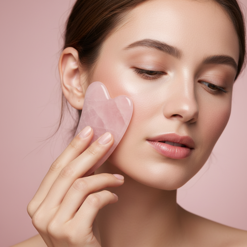 Woman using rose quartz gua sha stone on cheekbone with glowing sculpted skin