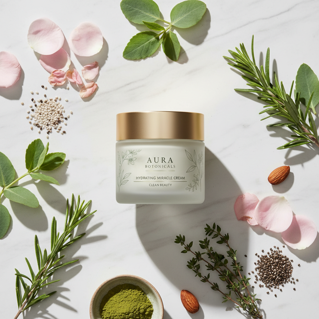 Clean Beauty Cream – natural flat lay on marble