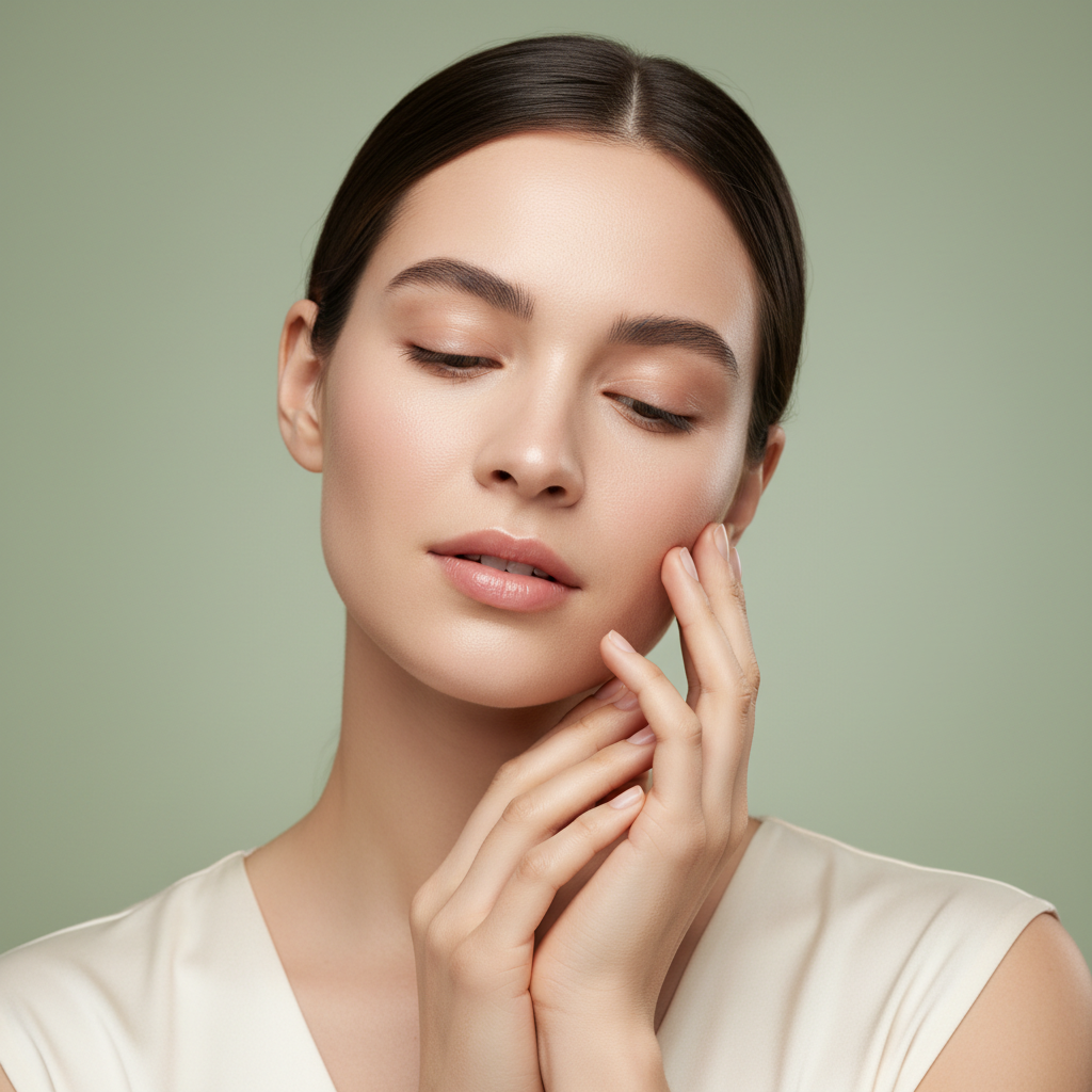 Woman with clear matte skin on sage green background