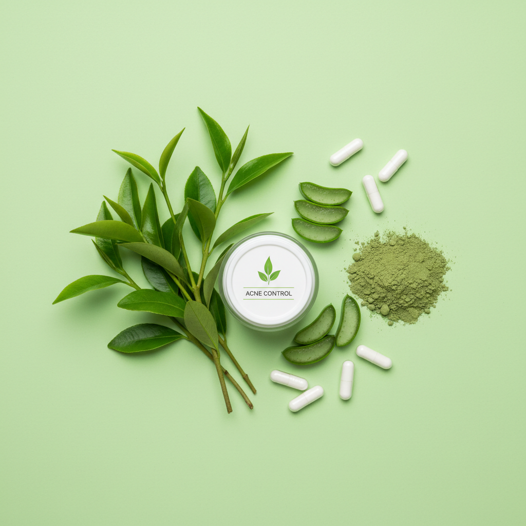 Flat lay of acne cream with tea tree, aloe vera and clay on light green background
