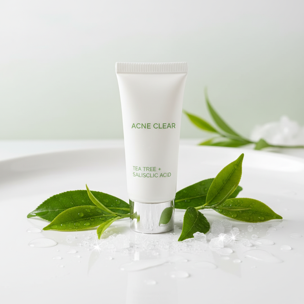 Acne control cream tube with tea tree leaves and crystals on white surface