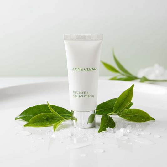 Acne control cream tube with tea tree leaves and crystals on white surface