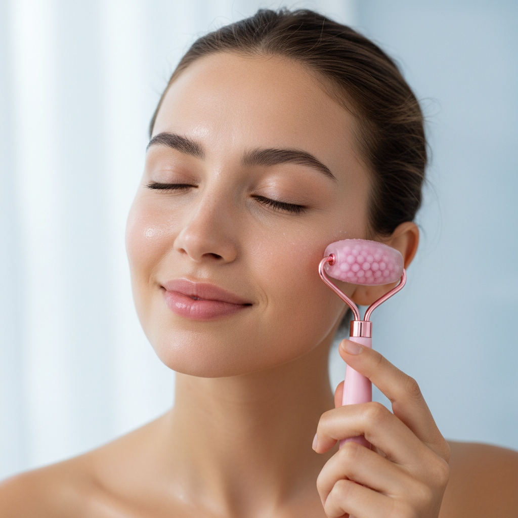 Woman rolling pink ice roller on cheek with refreshed glowing skin