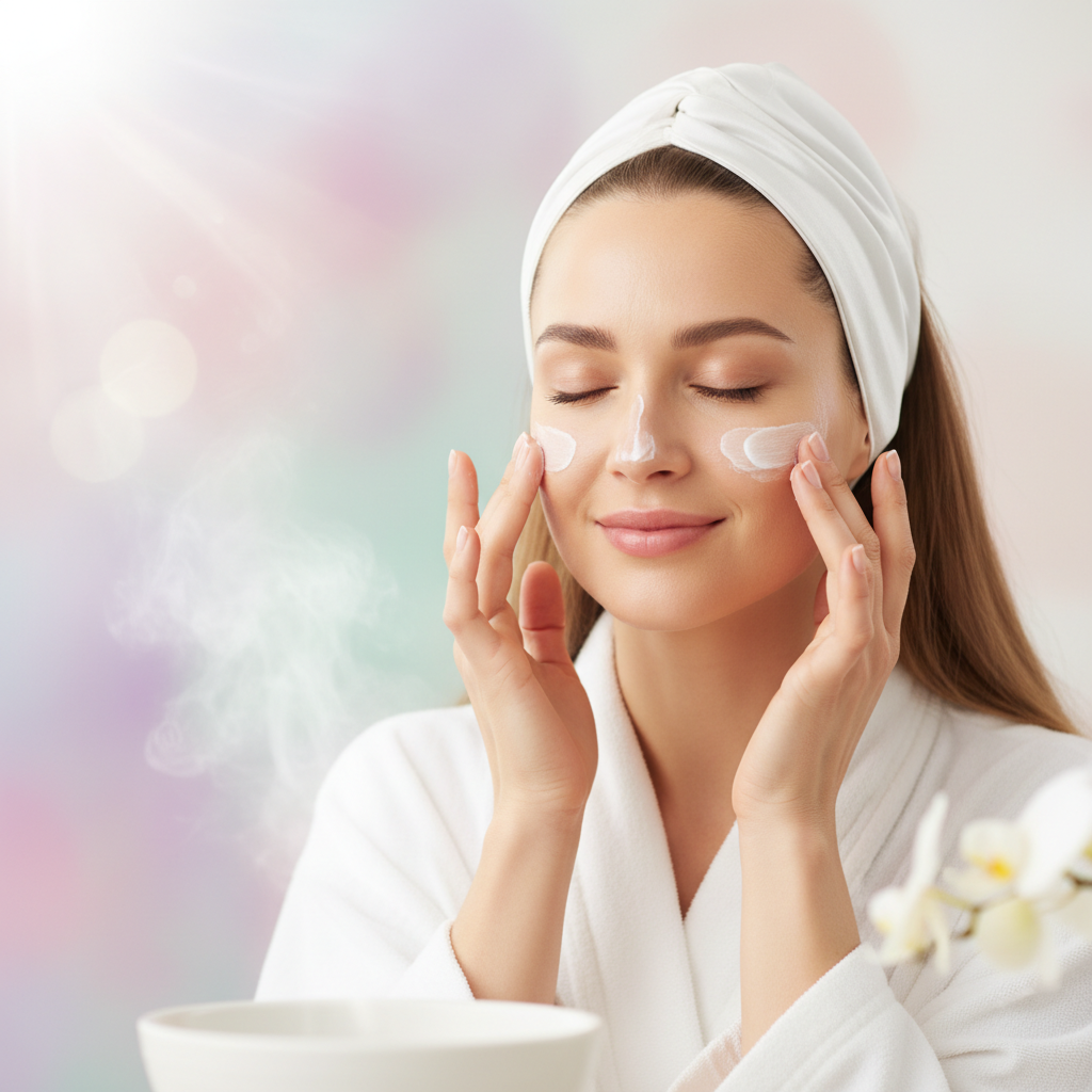 Woman with glowing skin applying moisturizing cream