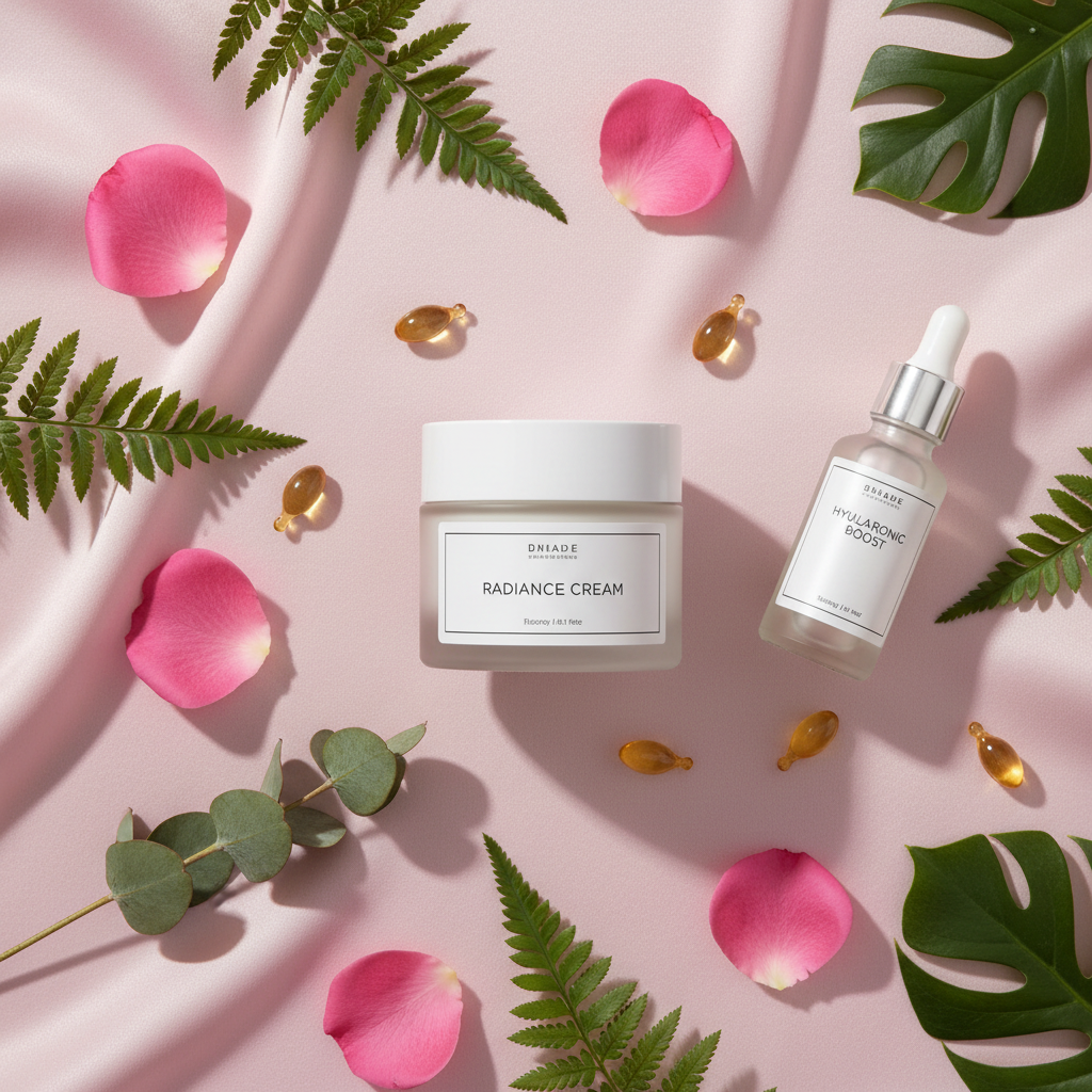 Flat lay of skin care cream with botanicals on pink background