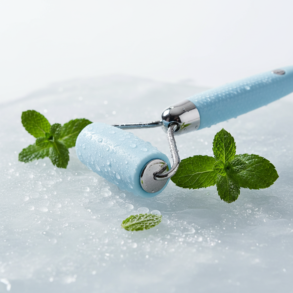 Light blue ice roller on frozen surface with water droplets and mint leaves