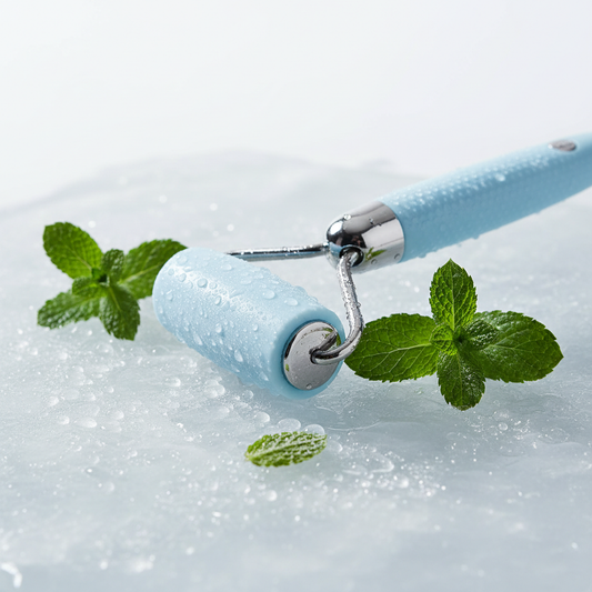 Light blue ice roller on frozen surface with water droplets and mint leaves