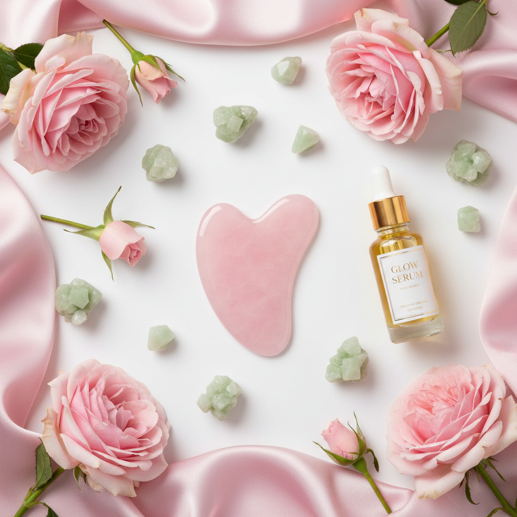 Flat lay of rose quartz gua sha with crystals, roses and facial oil on white background