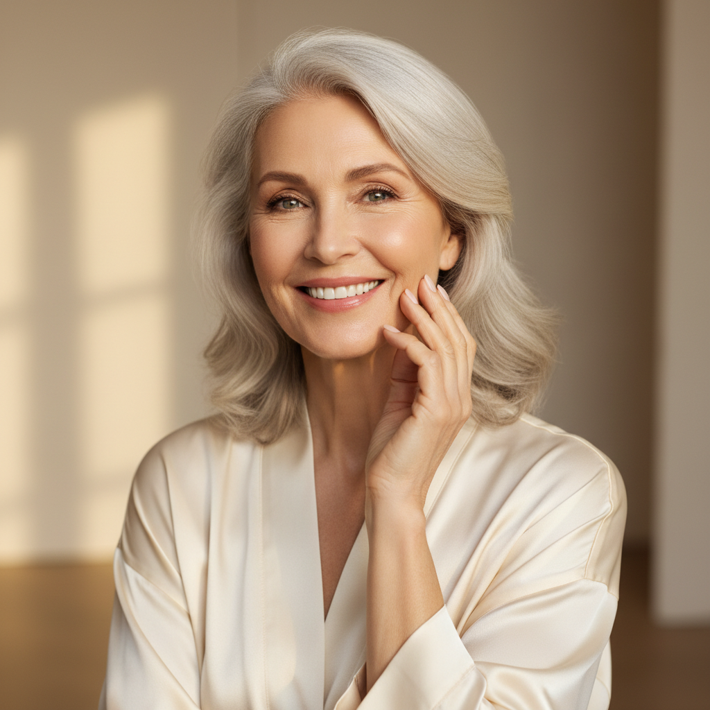 Elegant woman with smooth firm glowing skin, luxury anti-aging lifestyle