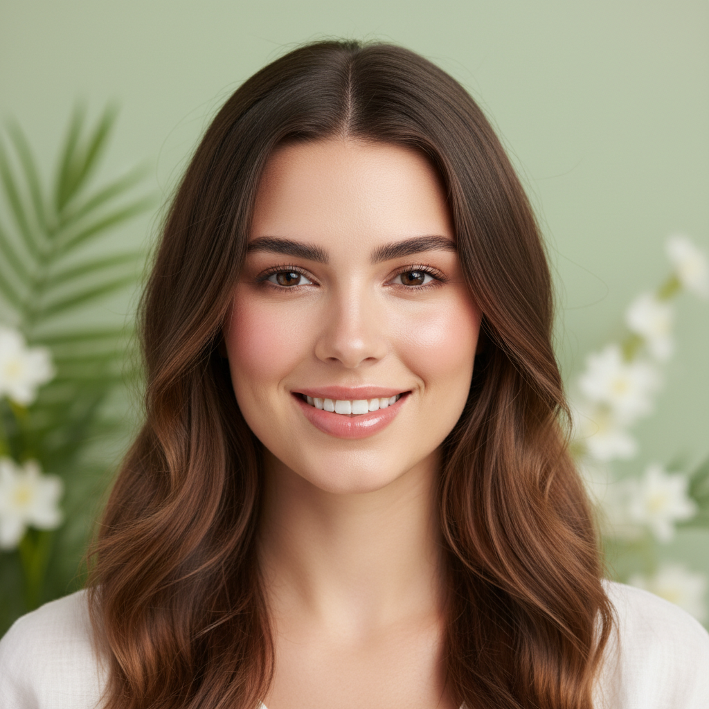 Woman with clear blemish-free skin smiling confidently on green background