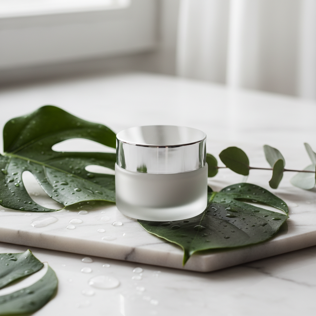 Skin care cream jar on marble surface with green leaves and water droplets