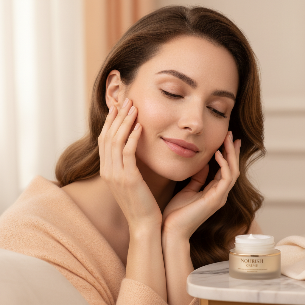 Woman with soft glowing nourished skin in warm cozy tones