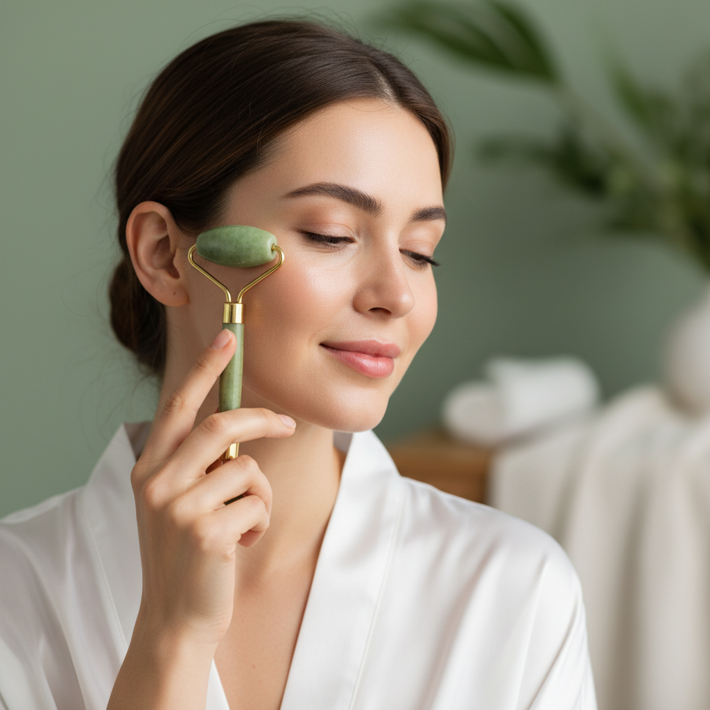 Woman rolling jade roller on cheek with glowing dewy skin
