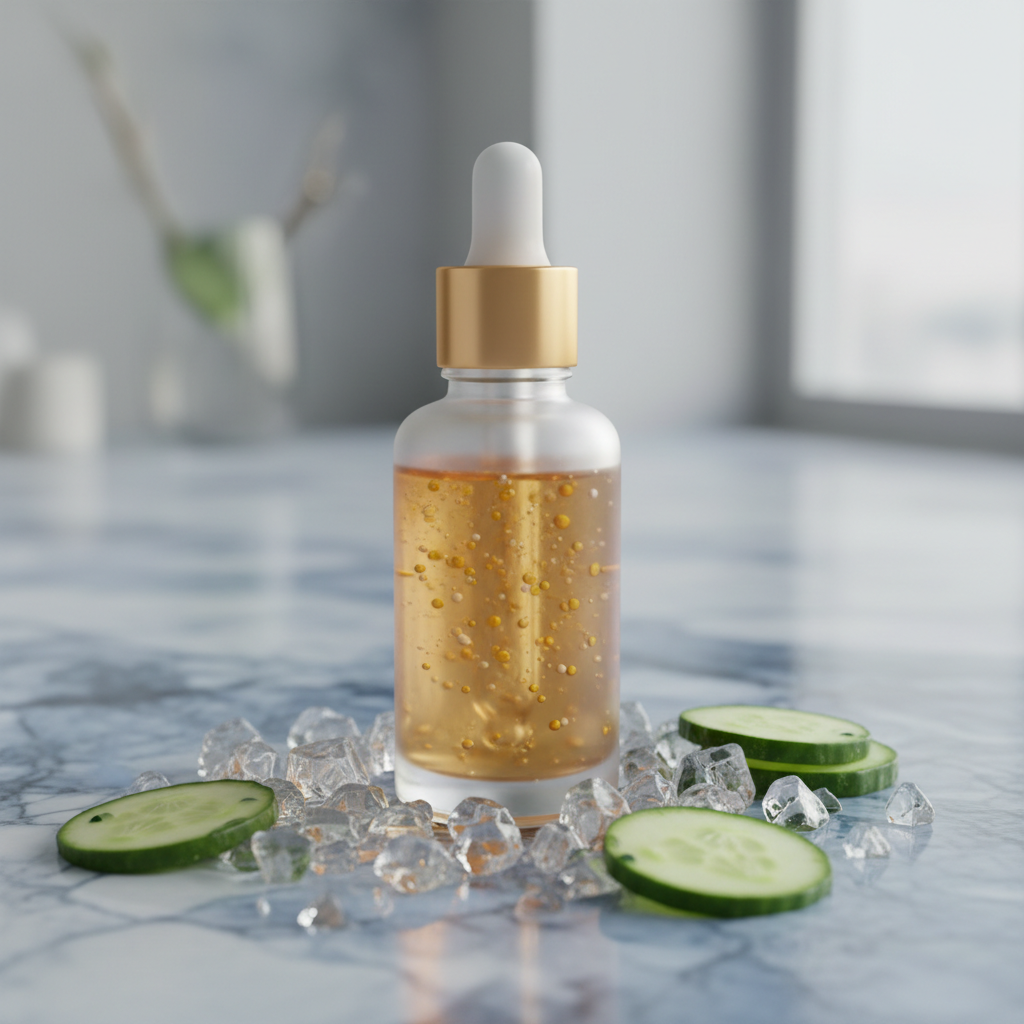 Eye serum bottle with cucumber and ice crystals on blue marble surface