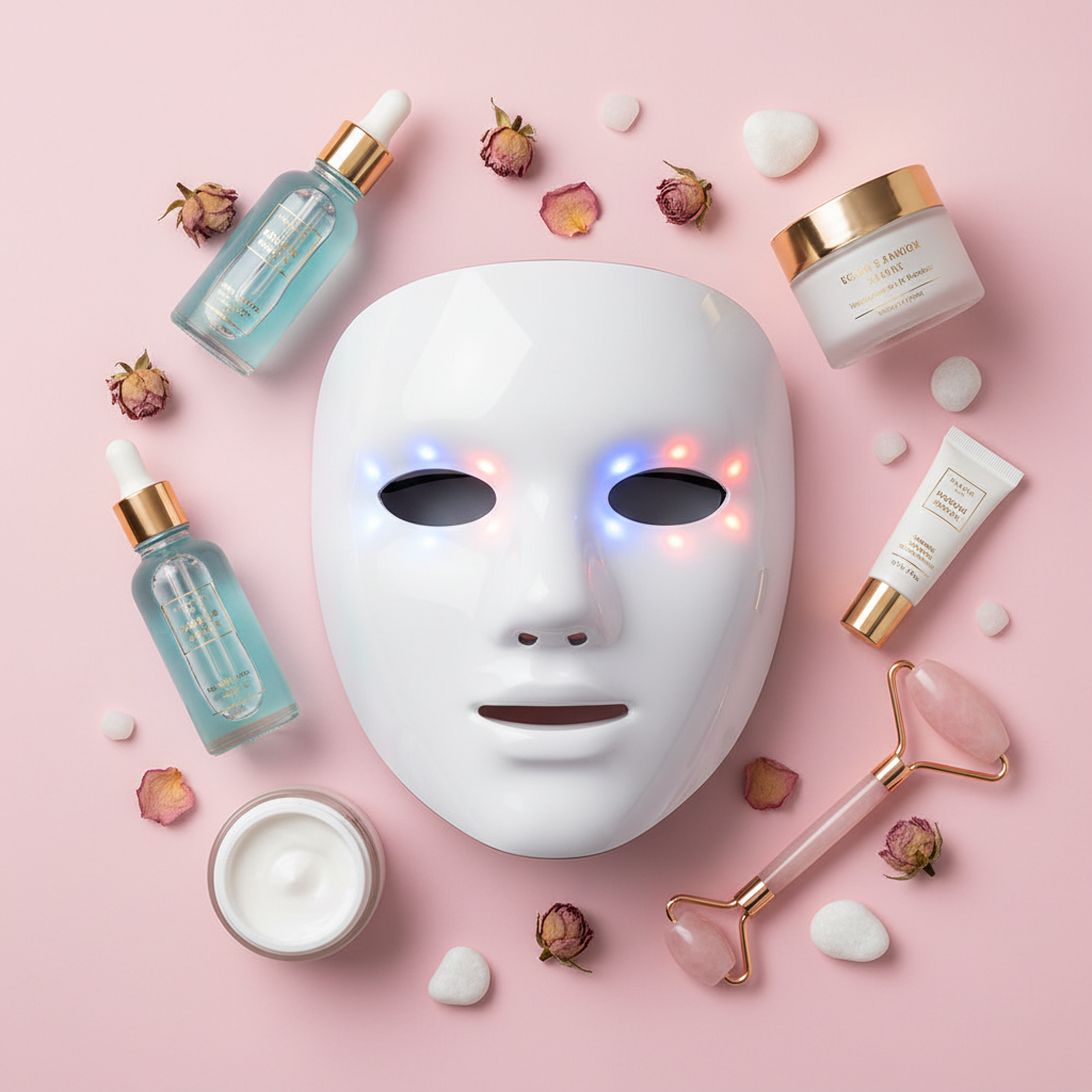 LED face mask flat lay on pastel pink background with skincare products