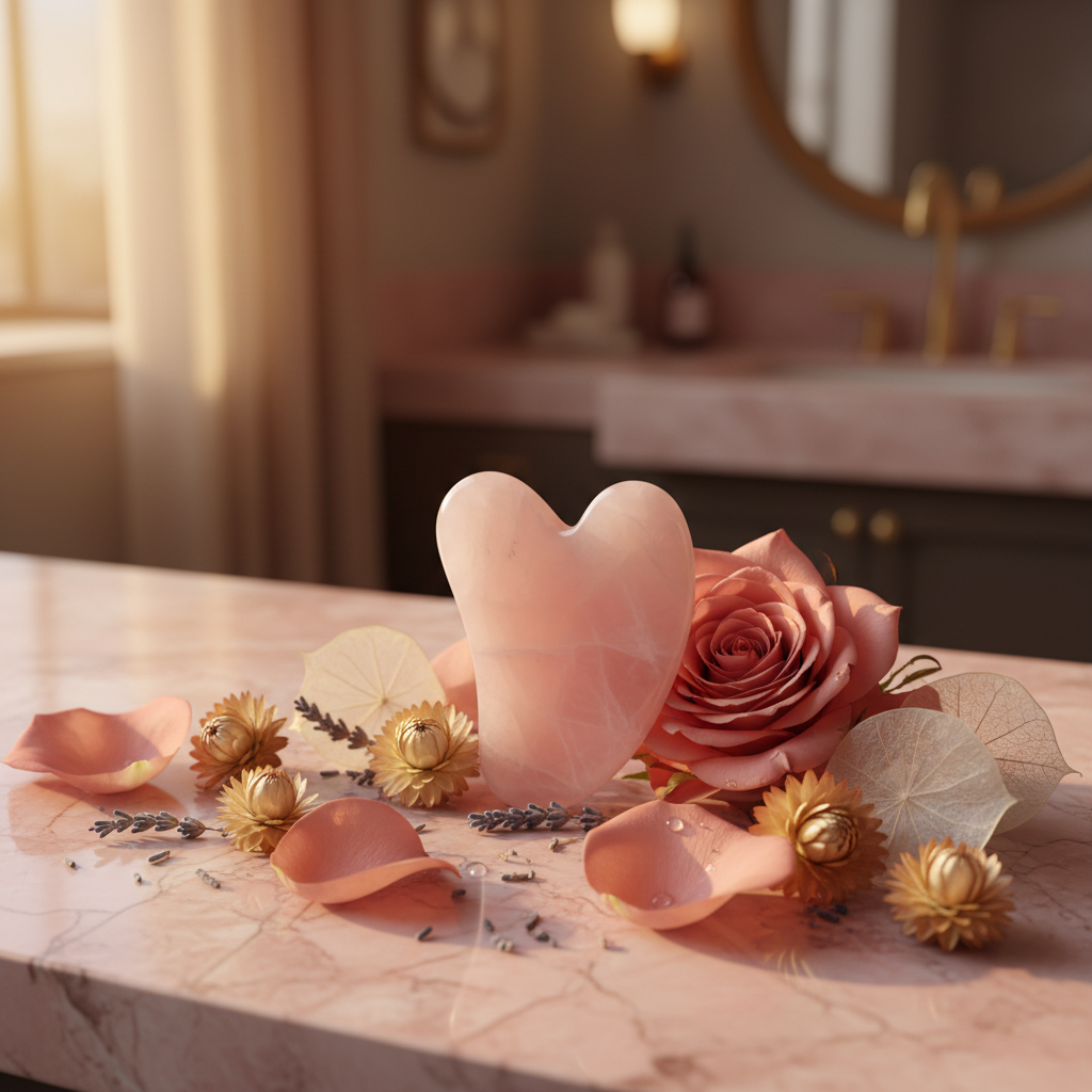 Rose quartz gua sha stone on pink marble with rose petals and golden light
