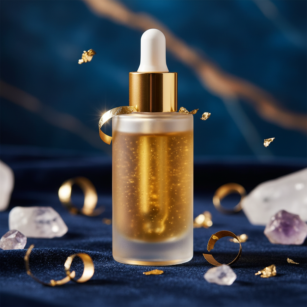 Premium retinol serum bottle with gold accents on navy blue surface