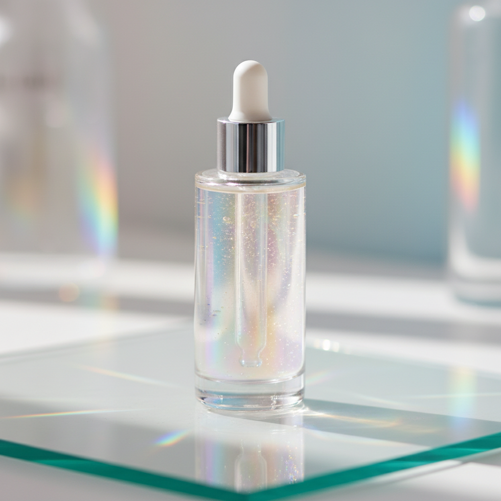 Iridescent glass serum bottle on reflective surface with holographic light