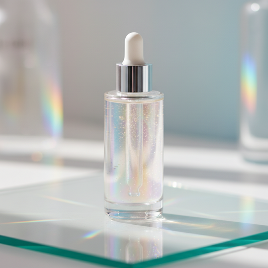 Iridescent glass serum bottle on reflective surface with holographic light