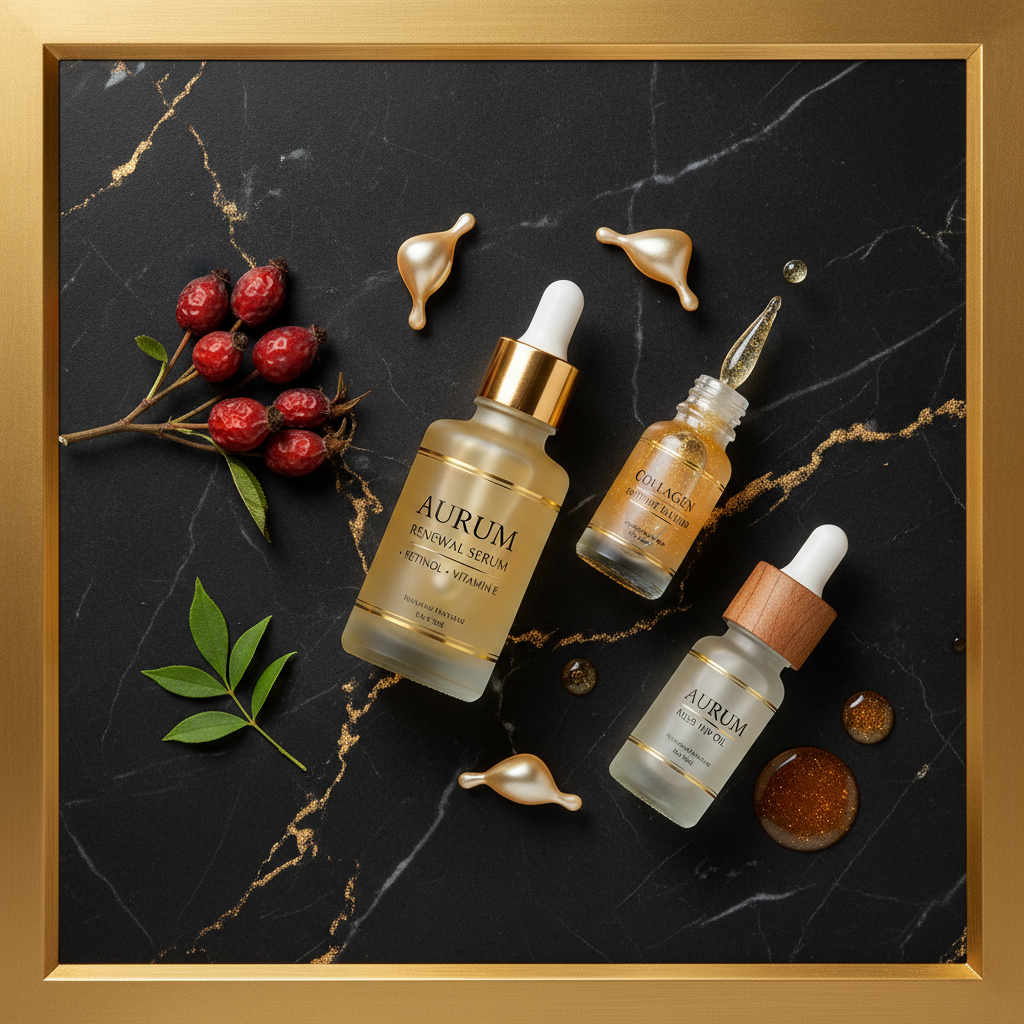 Flat lay of anti-aging serum with vitamin E, peptides and rosehip on black and gold background
