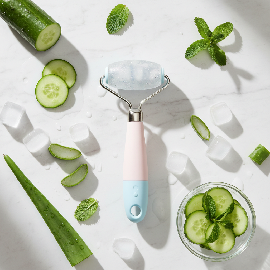 Flat lay of light blue and pink ice rollers with ice cubes, cucumber and aloe vera on white marble