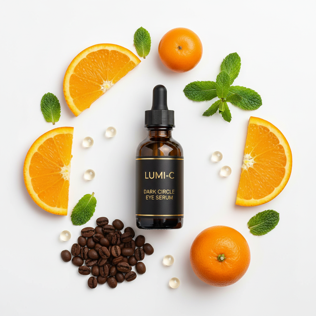 Flat lay of eye serum with vitamin C, coffee beans and mint on white background